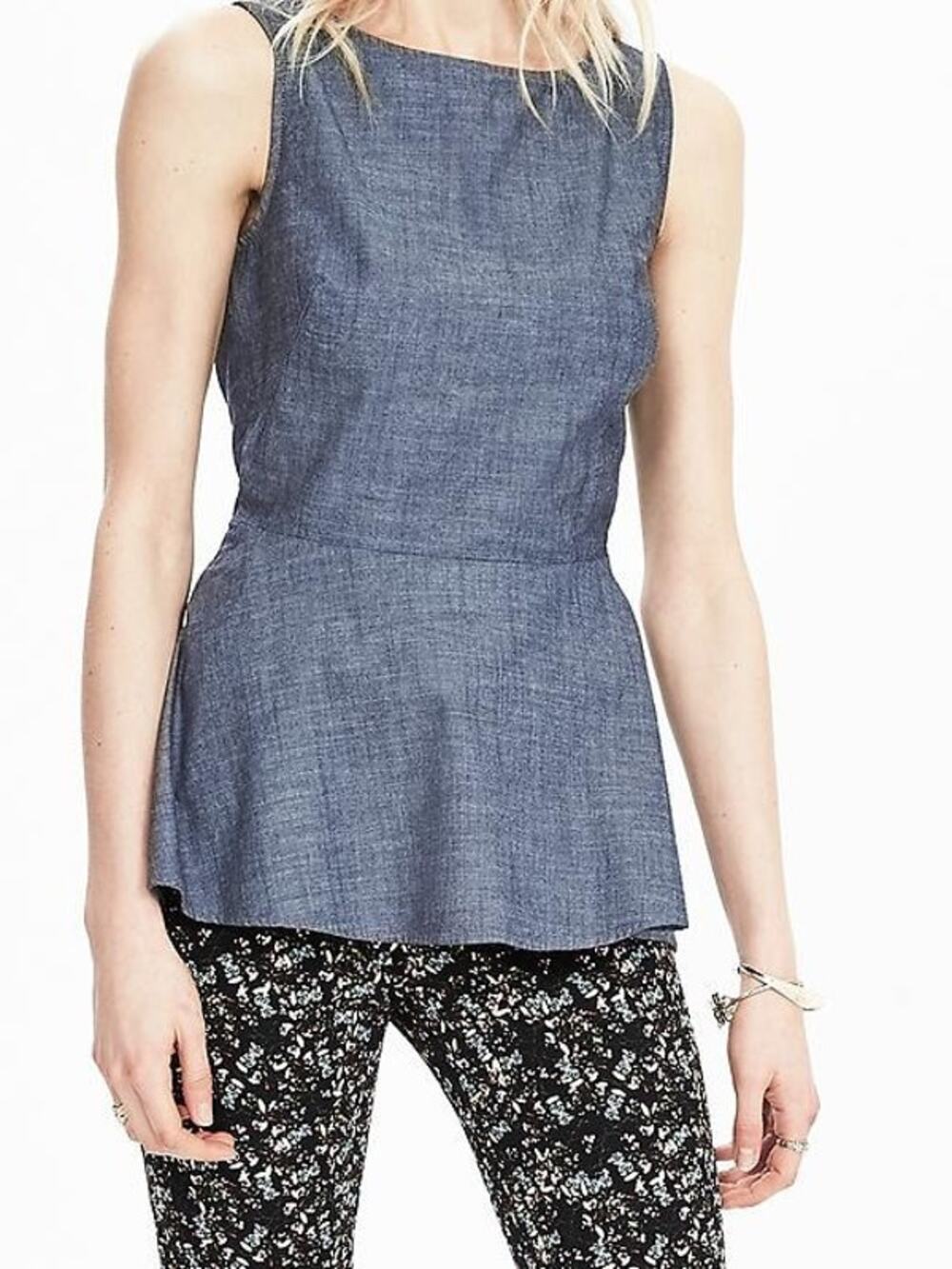 BANANA REPUBLIC Linen Denim Peplum Top Blue Medium Wash Sleeveless Womens 2